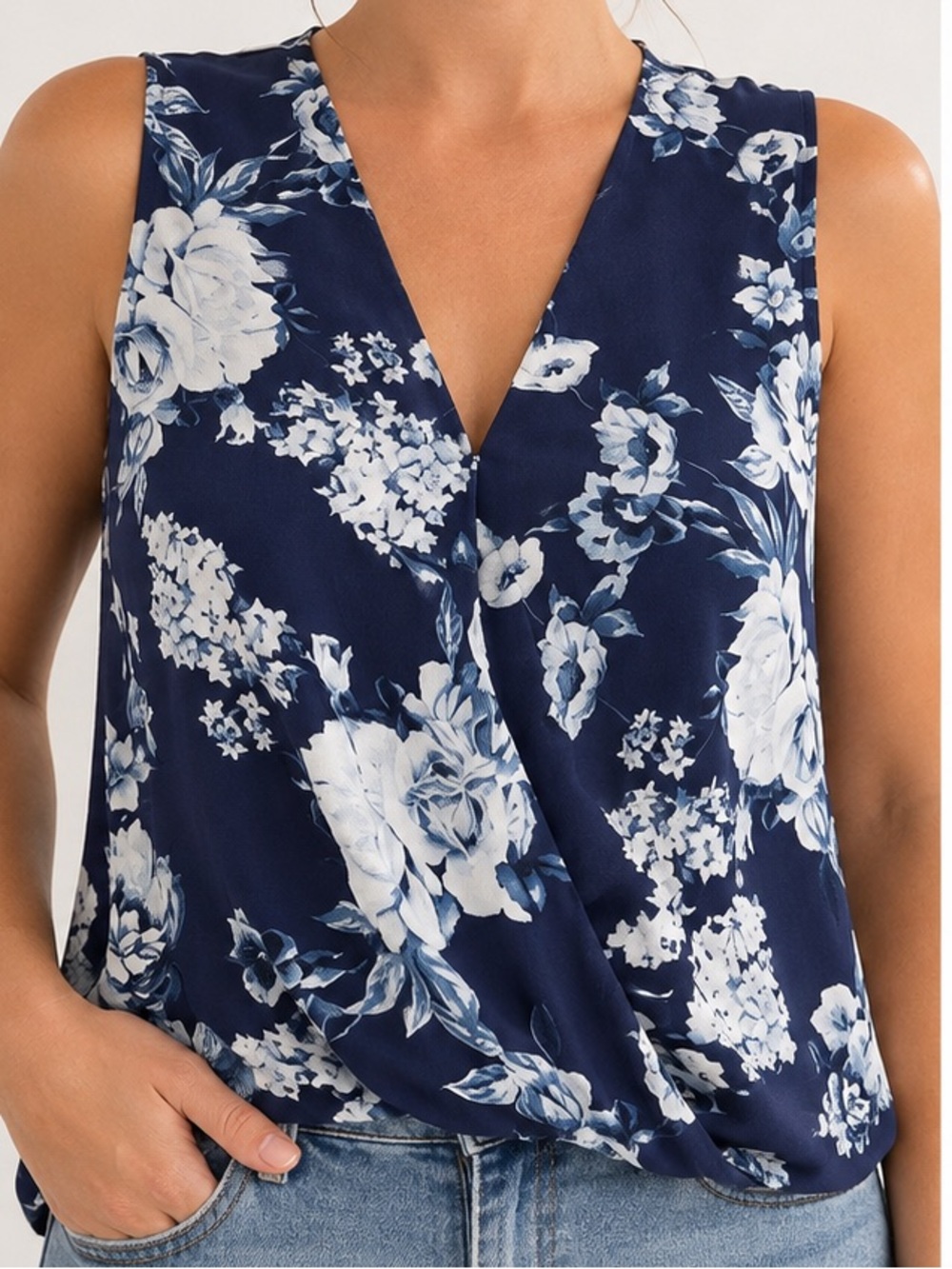 JustFab Navy Blue and White Floral Wrap-Front Camisole